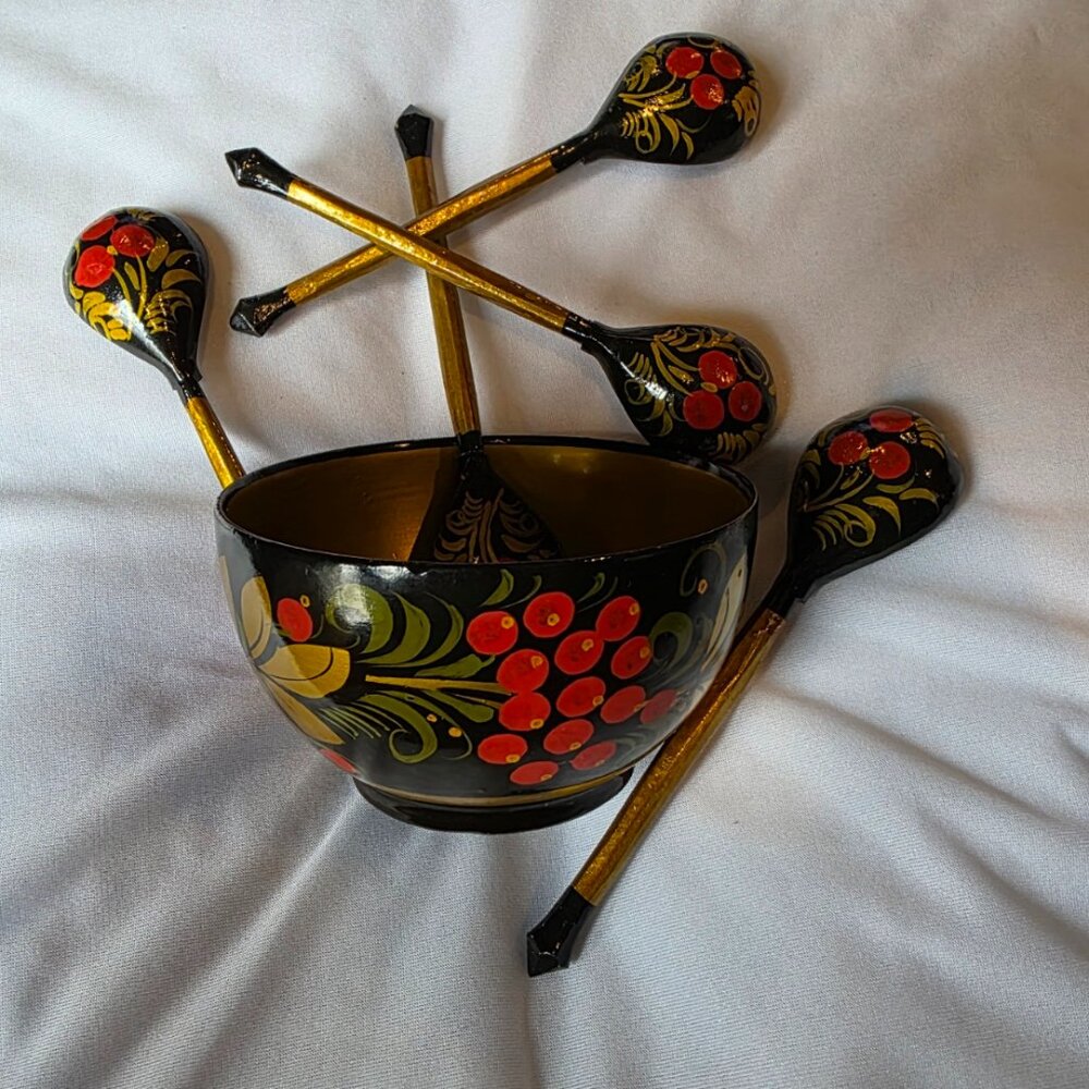 Khokhloma Wooden Bowl 6 Spoons Russian Traditional Collectible